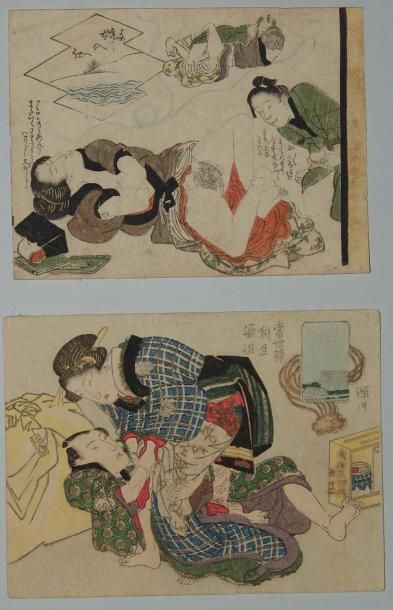 JAPON Deux estampes érotiques d'Eisen, des couples enlacés. Vers 1830.