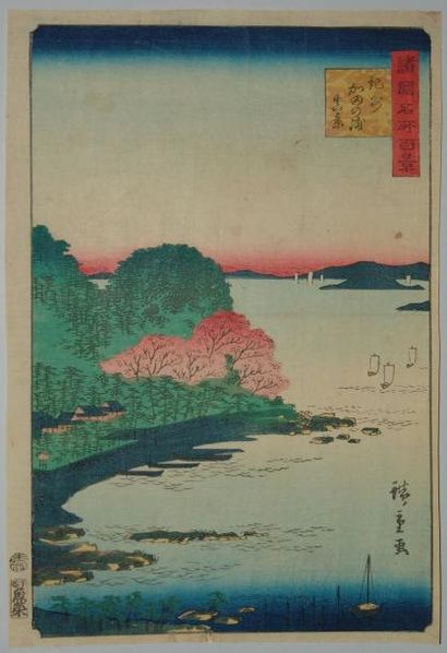 JAPON Estampe de Hiroshige, série des 100 provinces, la plage de Goshiki dans la...