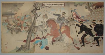 JAPON Deux triptyques de Ginko, scènes de la guerre sino-japonaise. 1894.