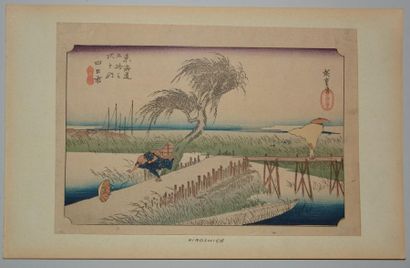 JAPON Trois estampes de Hiroshige, série du Grand Tokaido. Vers 1900.
