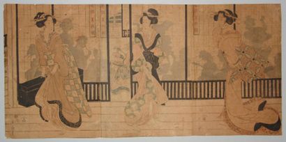 JAPON Triptyque d'Eizan, trois jeunes femmes sur une engawa. Vers 1810.