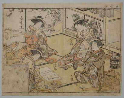 JAPON Estampe de Shigemasa, trois jeunes femmes jouent au jeu des poèmes. 1799.