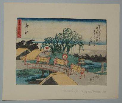 JAPON Estampe de Hiroshige, série du Kyoka Tokaido, station 36 « Goyu ». Vers 18...