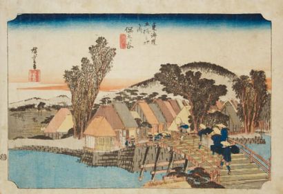 JAPON Estampe de Hiroshige, série du Grand Tokaido, station 5, le pont à l'entrée...
