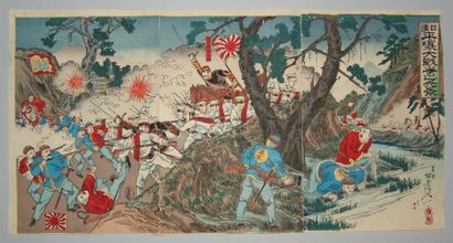 JAPON Deux triptyques de Nobukazu et Chikanobu, scène de la guerre sino-japonaise....