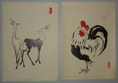 JAPON Deux estampes de Girin, gazelles et coq. Vers 1930.