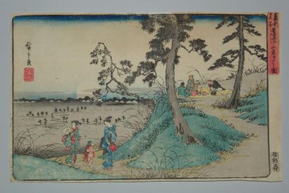 JAPON Estampe de Hiroshige, série Toto Meisho, la chasse aux lucioles à Dokenyama....