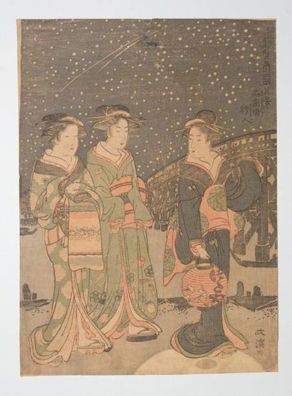 JAPON Estampe de Kitao Masanobu, trois jeunes femmes se promènent la nuit près du...