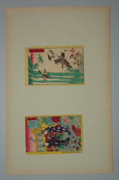JAPON Lot d'estampes de Hiroshige et autres, à thèmes de femmes et oiseaux. XIXe...