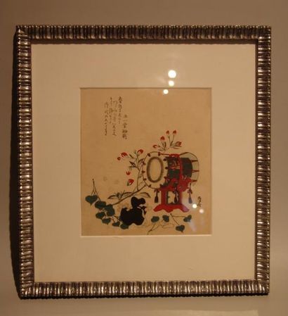 JAPON Surimono de Shinsai, tambour et branches fleuries de cerisier. Vers 1900.