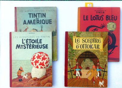 null Tintin. 4 volumes. «Amérique» 1951, B5, dos rouge / «Lotus Bleu» 1954, B10,...