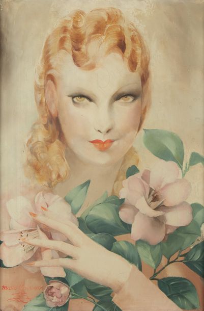 Micao KONO (1876-1954) Portrait de jeune femme au bouquet de fleurs Huile sur toile...