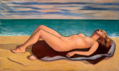 MARC DU PLANTIER (1901-1975) Nu allongé sur la plage, 1947 Huile sur toile Signée...