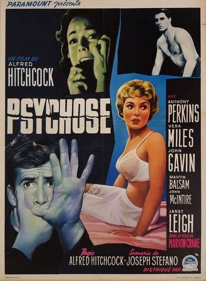 PSYCHO - 1960 Affiche Belge, 36x56cm - Bon état mais collée sur carton - Film réalisé...