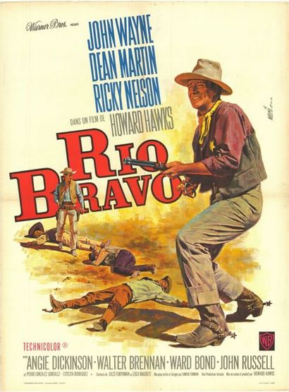 RIO BRAVO - 1959 Affiche Française, Ressortie 60x80cm - Pliée en bon état. Tâches,...