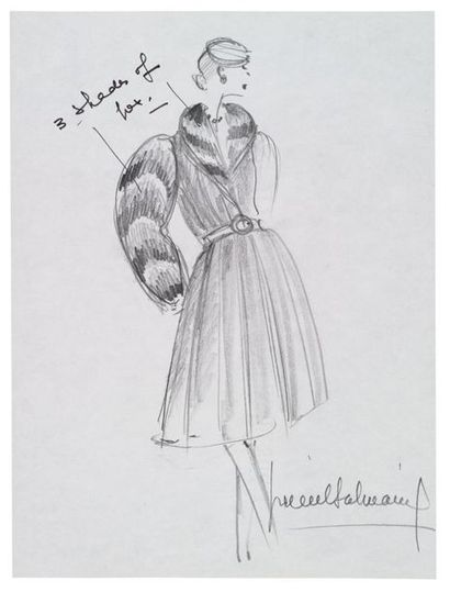PIERRE BALMAIN (1914-1982) Dessin original signé. 21 x 29,7 cm. Au crayon.
Croquis...