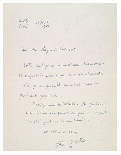 Jean COCTEAU (1889-1963) L.A.S. à Raymond Cogniat. Milly, 15 janvier 1950. 1 p. in-4.
Le...