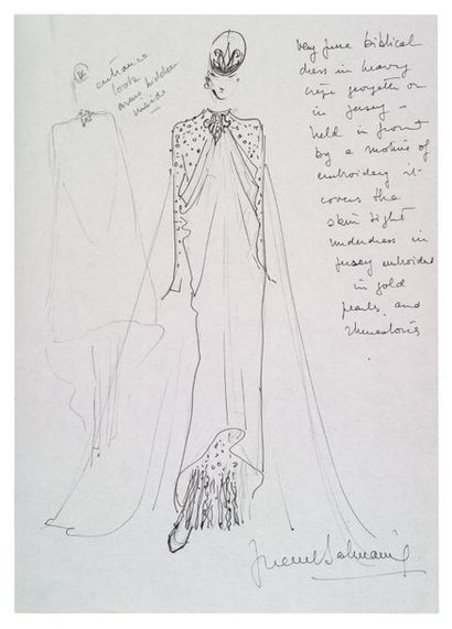 PIERRE BALMAIN (1914-1982) Dessin original signé, avec annotations autographes en...