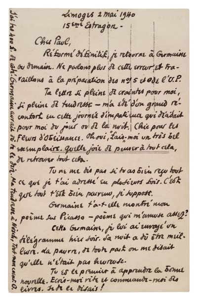 Georges HUGNET (1906-1974) L.A.S. «G.» à Paul Eluard, écrite au dos d'une carte postale....