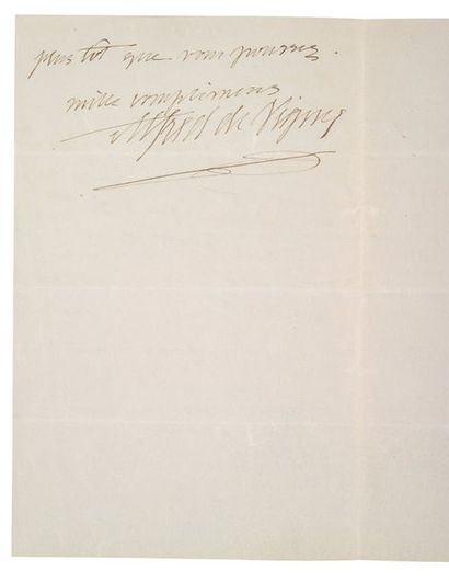 Alfred de vigny (1797-1863) L.A.S. à Pingard. Paris, 9 mai 1858. 1 p. in-8.
Il n'a...