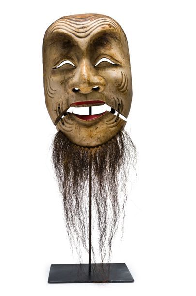JAPON Masque de théâtre Kyogen en deux parties, en bois laqué et poils, représentant...
