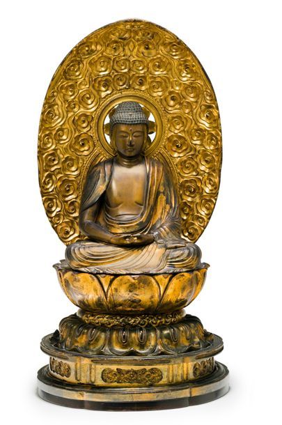 JAPON - Milieu Epoque EDO (1603 - 1868) Statuette d'Amida Nyorai en bois laqué brun...
