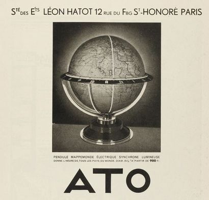 LEON HATOT (1883-1953) dit ATO Rare pendule formant mappemonde éclairante en verre,...