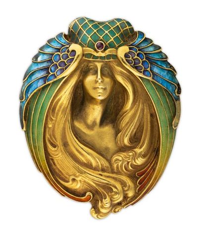 Marcel BING (1875-1921) pour La Maison de l'Art Nouveau Rare pendentif «Femme paon»...