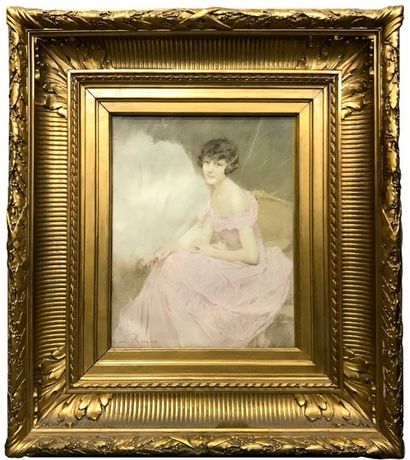 Henri-Paul ROYER (1869-1938) Portrait d'élégante à la robe rose, circa 1900
Aquarelle
Signée...