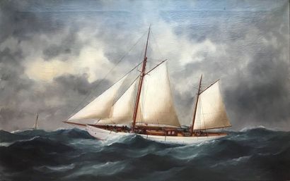 Marie Edouard ADAM (1847-1929) Portrait du navire yacht Américain en régate portant...