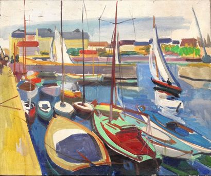 Maxime DUBAUT (1920-1991) Voiliers au port
Huile sur toile, signée en bas à droite
54...