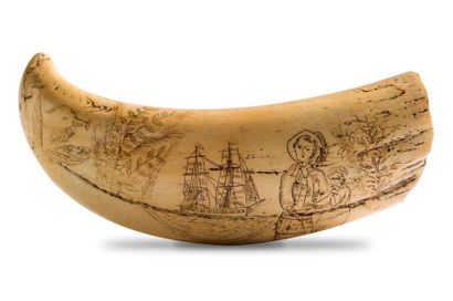 null * Scrimshaw dent de cachalot polie et gravée scène marine.
XIXème siècle.
L....