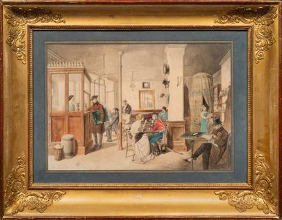Raphael JACQUEMIN (1821-1881) 
Café à Paris
Aquarelle 43,5 x 61, 5 cm