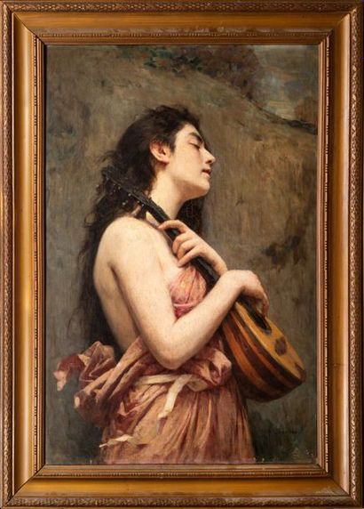 Alexandre Jacques CHANTRON (1842-1918) 
Joueuse de mandoline
Huile sur toile signée...