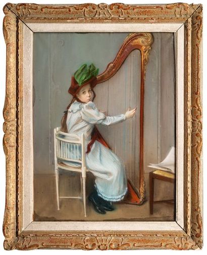 JACQUES EMILE BLANCHE (1861-1942) 
La joueuse de harpe
Pastel signé en bas à droite
65...