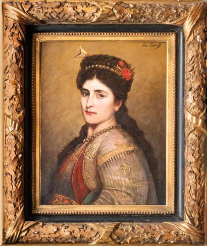 Alix Louise ENAULT (?- 1913) 
Portrait de femme au collier de perles
Huile sur panneau...
