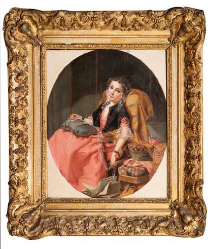 Emile GIRAUD (1850-1918) 
Portrait de femme assise à la dentelle
Huile sur toile...