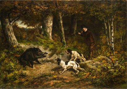 Ernest BELLECROIX (XIXeme siècle) 
Scène de chasse
Huile sur toile, signée en bas...