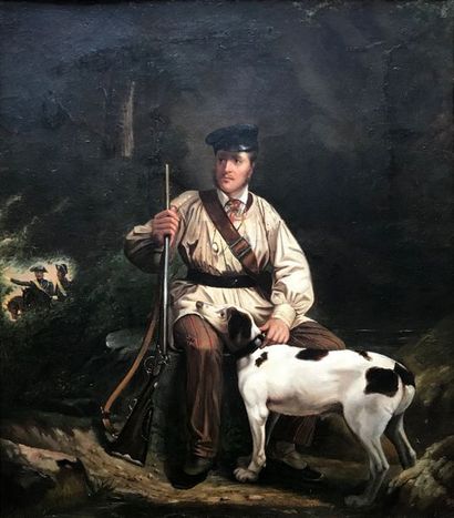 Ecole FRANCAISE, XIXème siècle 
Chasseur et son chien
Huile sur toile, signée en...