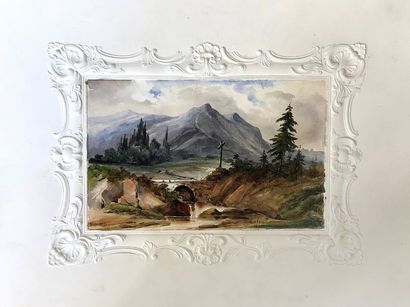 Jules MALOU (1810-1886) 
Paysage de montagne
Aquarelle signée en bas à droite et...