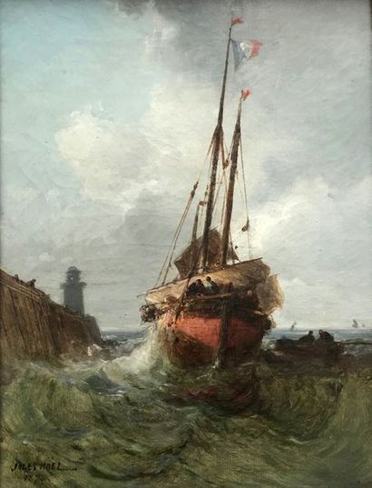 Jules Achille NOEL (1810-1881) 
Sortie de port par temps agité
Huile sur toile signée...