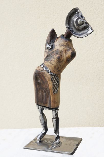 LACROIX Jean-Luc Rosalie / Sculpture en acier soudé, bois de poirier et ficelle peinte...
