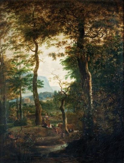 Attribué à Adam PYNACKER (1622-1673) « Berger dans la forêt » Huile sur panneau de...