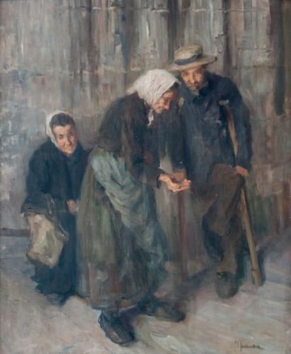Jeanne MAHUDEZ (1876-1956) « Les mendiants, 1904 » Huile sur toile, signée en bas...