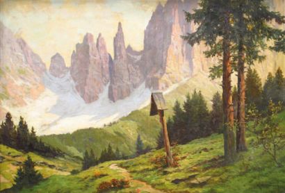 Ecole ITALIENNE (C. 1940) « Paysage des Dolomites » Huile sur toile, signée KINESSY...