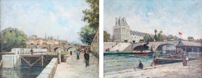 Gustave MASCART (1834-1914) « Quai de Seine, Paris » Paire d'huiles sur toile, l'une...