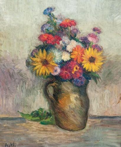 Jean PESKÉ (1870-1949) « Bouquet de fleurs » Huile sur toile, signée en bas à gauche....