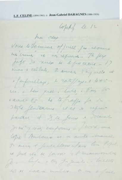 null Lettre à Jean-Gabriel DARAGNES. Datée du 12 Mars 1947 et écrite de l'hôpital...