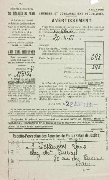 null Recette-perception des amendes de Paris AVERTISSEMENT du 22 juin 1951 à Mr Destouches...