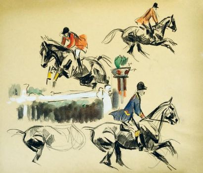 Albert BRENET (1903-2005) « Cavaliers en tenue de chasse à courre » Dessin aquarellé...